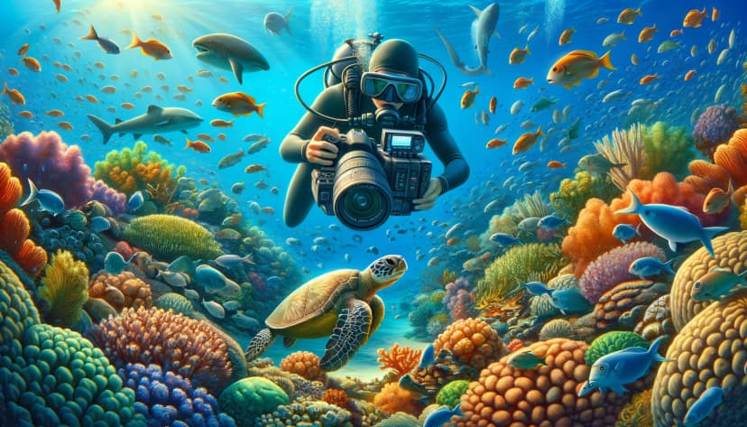 Image of a scuba diver taking a photo of a turtle